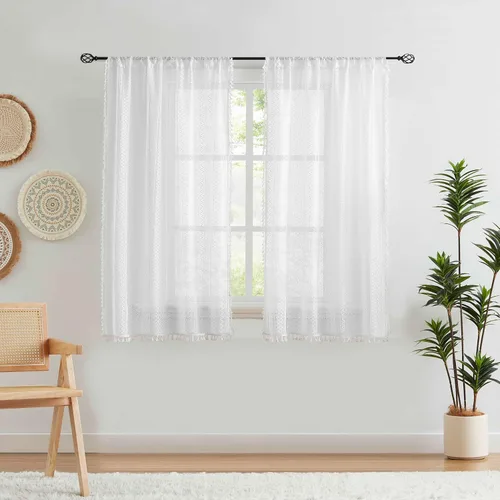 Vista 8 de ZJDECOR Cortinas traslúcidas de encaje bohemio de 54 pulgadas de largo, juego de 2 paneles de cortinas con patrón geométrico rústico beige