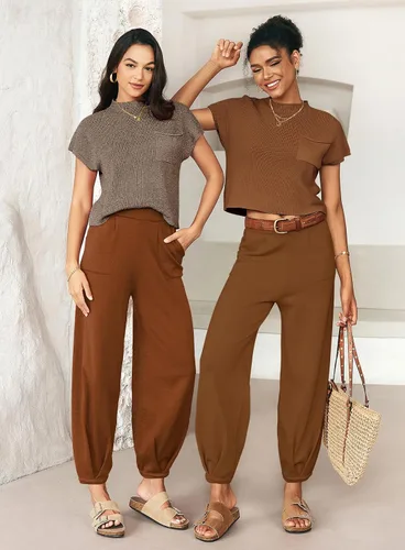 Vista 4 de MEROKEETY Conjunto de dos piezas para mujer, suéter de punto, sin botones, pantalones de cintura alta, conjunto de chándal