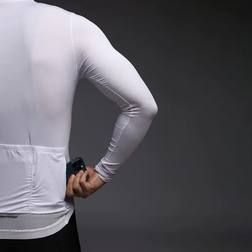 Vista 5 de RISESBIK Camiseta de ciclismo de manga larga para hombre, con bolsillo con cremallera, ligera, Aero Race Fit Pro Road Bike, UPF 50+