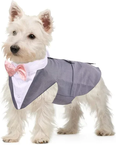 Vista 8 de QBLEEV Esmoquin para perros pequeños, conjunto de traje y bandana, traje de boda con corbatín, disfraz formal de esmoquin para Halloween, Navidad