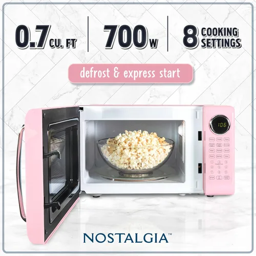 Vista 108 de Nostalgia Horno microondas retro compacto para encimera, 0.7 pies cúbicos, 700 vatios con pantalla digital LED, bloqueo para niños, interior fácil