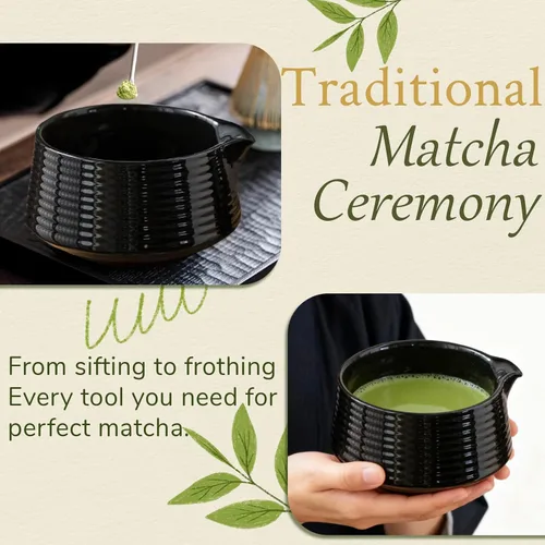 Vista 4 de Juego de 8 batidores de matcha, cuenco de bambú Chasen Matcha con boquilla, tamiz, cuchara, soporte para batidor, alfombrilla de bambú, kit completo