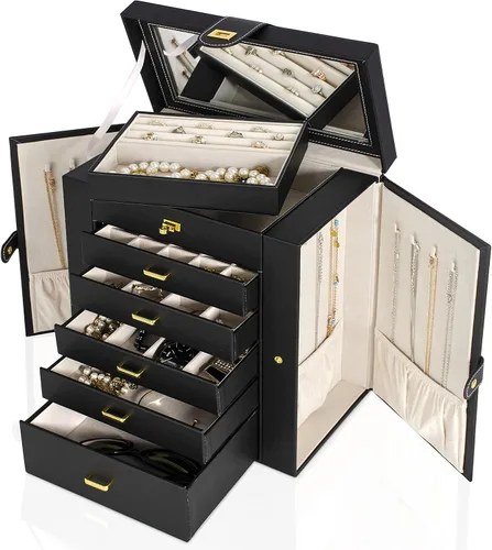 Vista 2 de AKOZLIN Joyero grande organizador funcional con cerradura con espejo grande, estuche de almacenamiento de joyas de cuero para mujeres y niñas