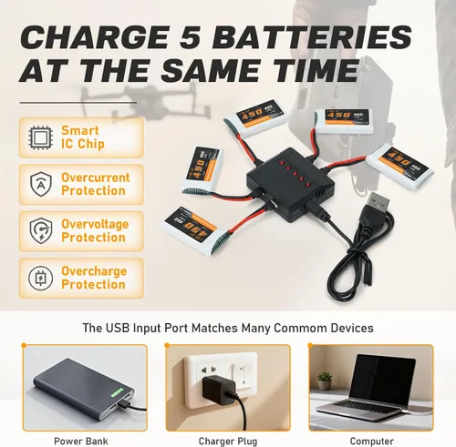 Vista 5 de 3.7V Lipo Batería 450mAh Alta Capacidad 25C RC Molex Drone Batería con 5-en-1 Cargador para SYMA Q11 AT-96 TR-C385 TR-P51 TR-F22 H99W H31 H6C H98