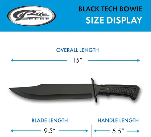 Vista 3 de SZCO Cuchillo Bowie de hoja completa de 15 pulgadas - Cuchillo negro para acampar con mango de goma, hoja de acero inoxidable y funda para caza