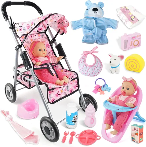 Vista 8 de SMILESSKIDDO - Juego de juguete de cochecito de muñeca bebé - Muñecas blandas de 12 pulgadas con accesorios, silla de comedor, ropa para muñecas