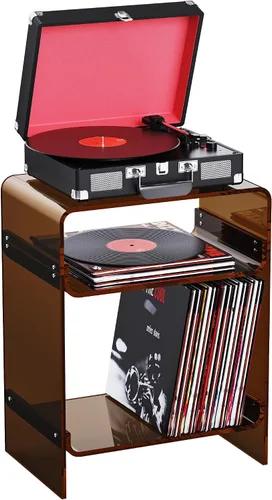 Vista 22 de Mesa de tocadiscos de acrílico con estante de almacenamiento, mesa auxiliar transparente mesita de noche (negro, mediano)
