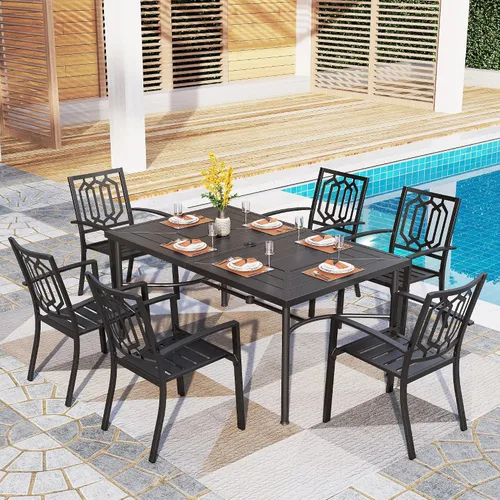 Vista 19 de PHI VILLA Juego de comedor al aire libre de 7 piezas para 6, mesa rectangular de metal negro de 60 pulgadas con agujero para sombrilla y sillas