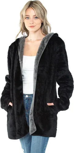 Vista 3 de Manta con capucha en forro polar grueso con bolsillo, color negro, tamaño grande, para mujeres y hombres, cálida y acogedora