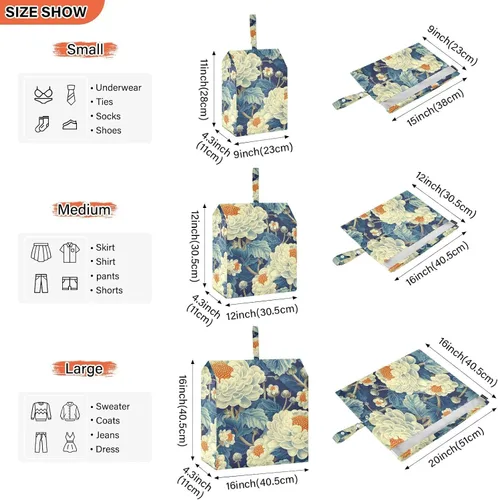 Vista 3 de Floral Cauliflower Design Blue White 3 Set Travel Packing Cubes For Suitcases Stackable Blanket Bags For Closet Storage Blanket Storage Bags Bed