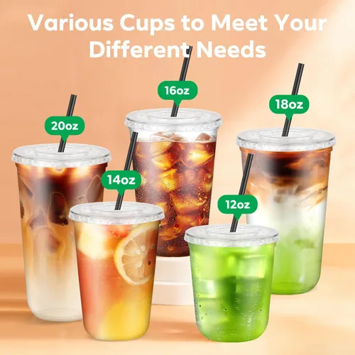 Vista 7 de Paquete de 100 vasos de plástico transparente con tapas planas y pajitas, tazas desechables de 12 onzas para café helado, vasos de plástico