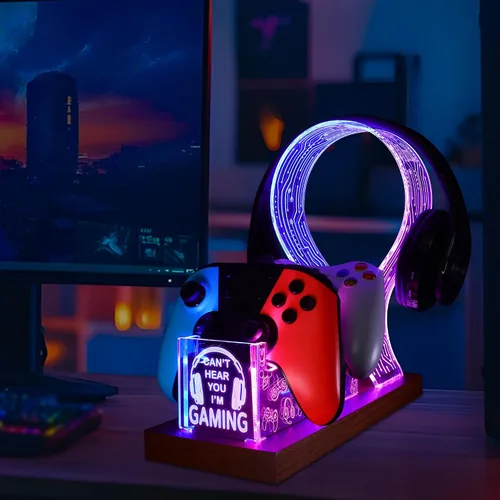 Vista 7 de YuanDian Gamer Gifts for Teenage Boy, Can't Hear You I'm Gaming Headset and Controller Stand, Acrylic Wooden Controller Holder with Blue Pink LED