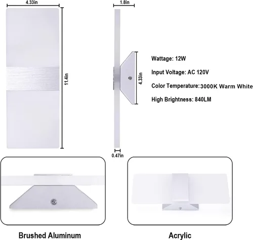 Vista 5 de TRLIFE Juego de 2 apliques de pared modernos con luces LED regulables de 12 W, 3000 K, luz blanca cálida para dormitorio, baño, sala de estar Blanco
