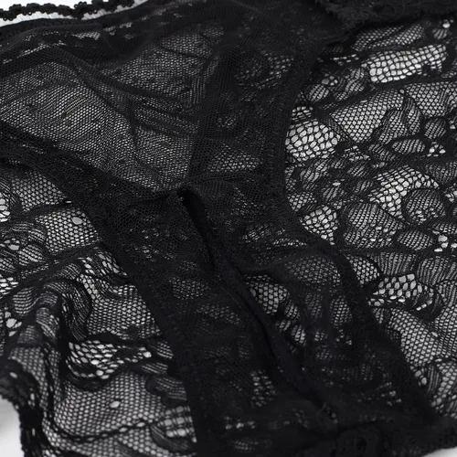 Vista 5 de PERAMBRY Tanga sexy de encaje elástica para mujer, corbatín transpirable, a la moda, Negro