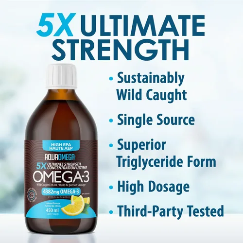 Vista 2 de AquaOmega Líquido omega-3 de alta EPA con DHA y vitamina D, suplementos de aceite de pescado Omega 3 capturado en la naturaleza, 4380 mg de aceite