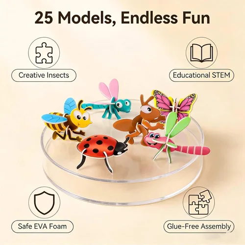Vista 6 de Juego de rompecabezas de papel de insectos creativo 3D de 2026, 25 piezas inteligentes de ensamblaje 3D, rompecabezas de insectos, juguete educativo