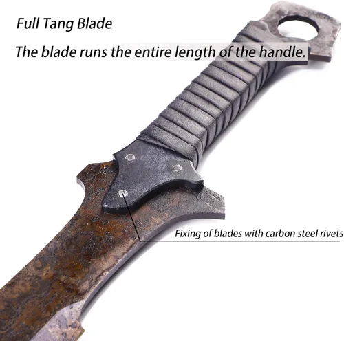 Vista 4 de Espada de hoja de acero fundido hecho a mano, hoja afilada, espiga completa, con cubierta protectora de cuero, espada de metal, todo hecho de metal