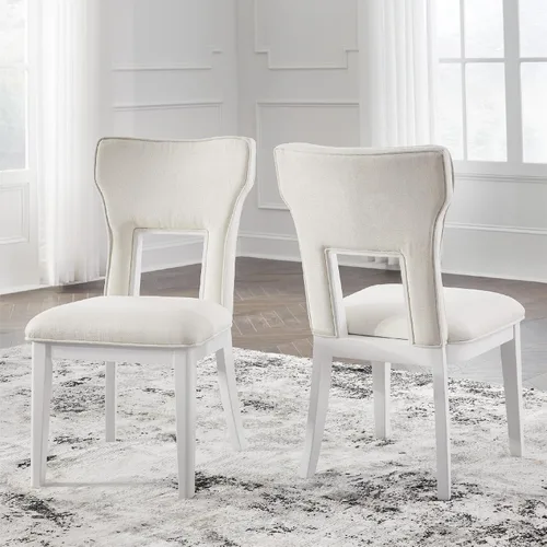 Vista 2 de Signature Design by Ashley Chalanna - Silla de comedor, juego de 2, respaldo moderno con corte glamuroso, marco de madera maciza con asiento Blanco