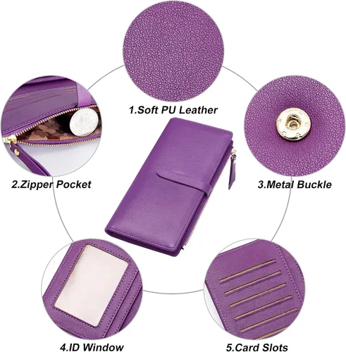 Vista 5 de KUKOO Billetera para mujer ultra delgada RFID para tarjetas de crédito con bolsillo con cremallera, Z- Morado oscuro
