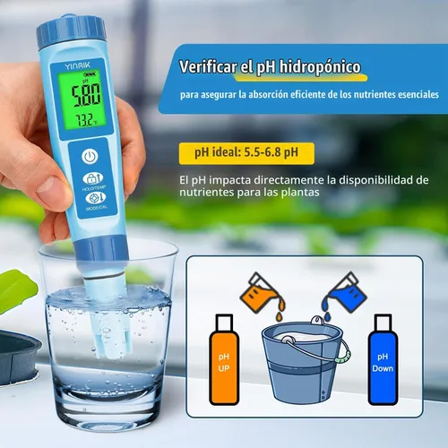 Vista 3 de Yinmik Medidor de pH de Agua, Medidor Digital 4 en 1 de pH, Temp, EC, TDS para Hidroponía, Probador de Conductividad PH PPM con Líquido de Azul