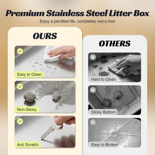 Vista 6 de Caja de arena cerrada de acero inoxidable para gatos con tapa y alfombra, caja de arena extra grande para gatos con cajón, caja de metal para gatos
