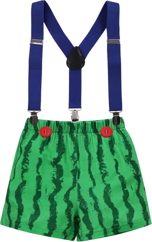 Vista 4 de Conjunto de 4 piezas de 3 piezas para bebé, diseño de sandía, para el primer cumpleaños, para tarta, de manga corta, pañales, con tirantes