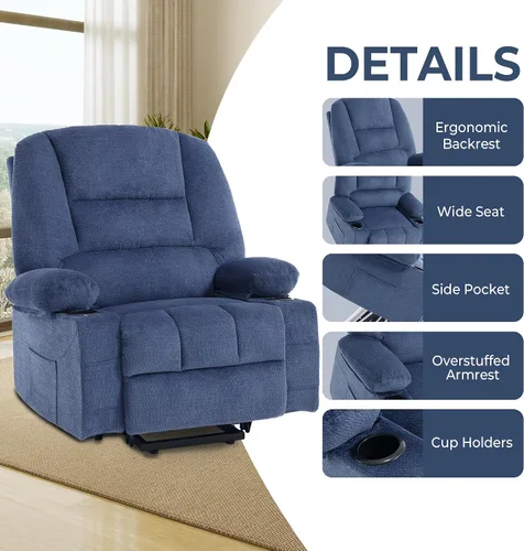 Vista 6 de Silla reclinable eléctrica para personas mayores con puerto USB, silla reclinable de masaje eléctrica con calor para adultos mayores, color azul