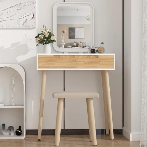 Vista 13 de Juego de mesa de maquillaje YOURLITE con espejo iluminado ajustable de 3 modos, taburete acolchado, mueble tocador para espacios pequeños Juego