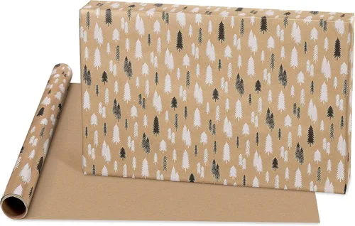 Vista 3 de American Greetings - Rollos de papel de regalo navideño Kraft Vintage, papel de regalo de fiesta navideña Kraft en negro, blanco y marrón