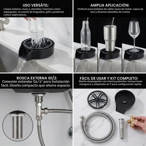 Vista 6 de POCREATION Lavadora automática de vidrio, accesorio de fregadero de boquilla giratoria de 360 grados, lavadora de botellas de acero inoxidable