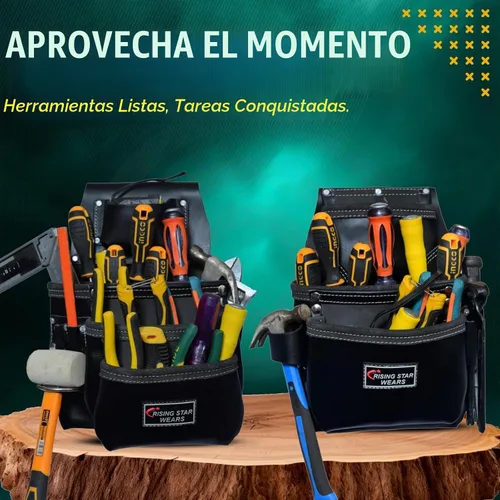 Vista 3 de Rising Star Cinturón de Herramientas de Cuero Resistente de 18 Bolsillos – Bolsa de Herramientas Utilitaria Curtida al Aceite con Soporte para Negro