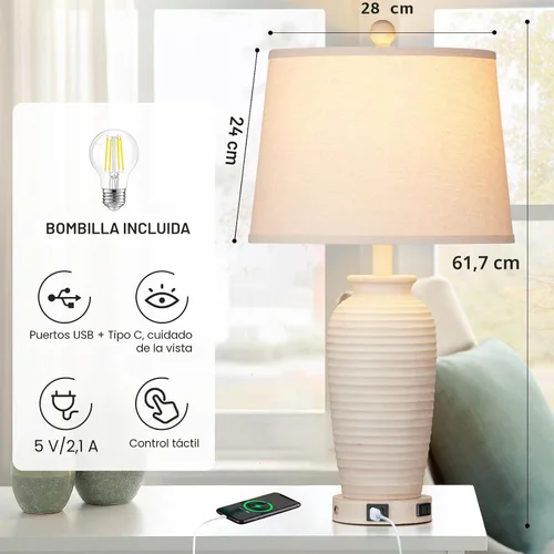 Vista 2 de CINSARY Juego de 2 lámparas de mesa de 24.3" estilo granja, lámparas de mesita de noche rústicas con control táctil de 3 vías con puertos USB A+C