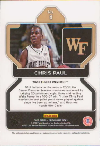 Vista 2 de 2022-23 Panini Prizm Draft Picks #8 Chris Paul Wake Forest Demon Deacons Basketball Trading Card