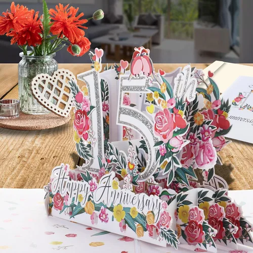 Vista 8 de iGifts And Cards Tarjeta desplegable 3D de 15 aniversario – aniversario de boda de 15 años para pareja, recuerdo romántico para marido, esposa