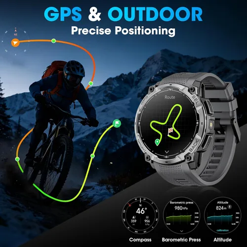 Vista 2 de Reloj inteligente militar para hombre con GPS, llamada Bluetooth AMOLED de 1.43 pulgadas, linterna LED, reloj táctico resistente para Android iOS