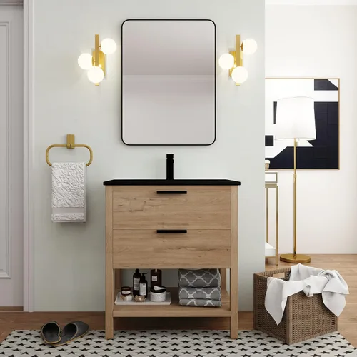 Vista 10 de Tocador de baño negro de 30 pulgadas con fregadero, tocador de baño independiente, tocador de baño, armario de tocador, 2 cajones y 1 estante abierto