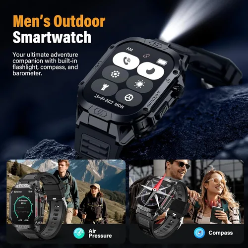 Vista 6 de Reloj inteligente militar para hombre, reloj inteligente deportivo al aire libre de 2.02 pulgadas con linterna, frecuencia cardíaca, oxígeno y Negro
