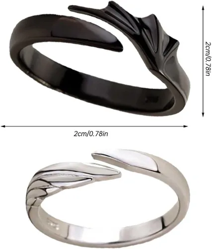Vista 6 de Anillo abierto para hombres y mujeres, con ala de dragón, ajustable, color blanco y negro, anillo de promesa para novio, novia