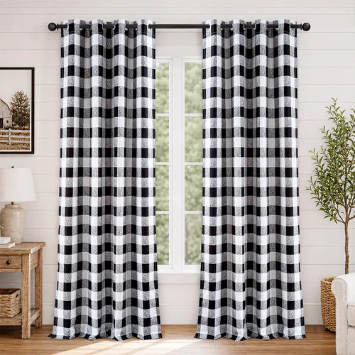 Vista 36 de Cortinas de cuadros de búfalo DriftAway a cuadros negro y blanco extralargas con tratamiento ojo de sargento para dormitorio y sala de estar