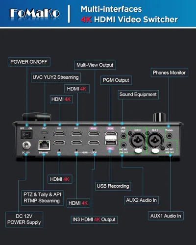 Vista 9 de FoMaKo Conmutador Mezclador de Video HDMI 4K, Pantalla LCD FHD de 5.5 Pulgadas, Conmutador de Transmisión en Vivo HDMI de 4 Canales, Entrada 4K