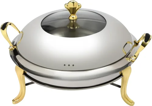 Vista 6 de Plato redondo para rozar, de acero inoxidable, para bufé, 2.5 L, calentadores de bufé con soporte de combustible (9.4 in dorado)