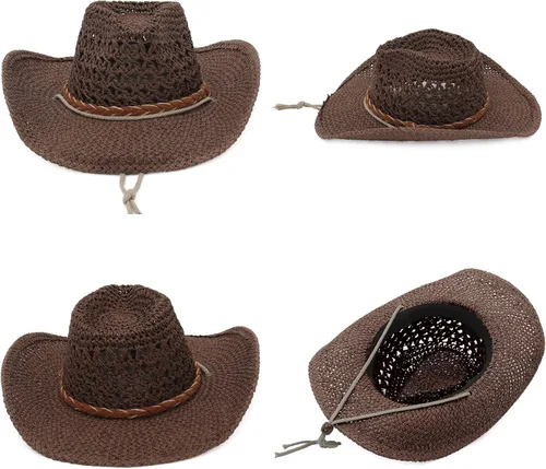 Vista 2 de EOZY Sombrero de paja para mujer y hombre, sombrero de sol para vaqueras, sombrero de sol de playa estilo occidental con correa de barbilla