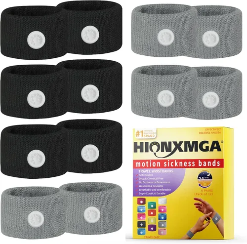 Vista 13 de HIONXMGA 10 pares de bandas para el mareo por movimiento – Brazaletes naturales de acupresión anti-náuseas para el alivio del mareo matutino y por