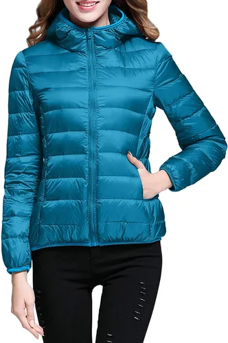Vista 2 de Chaqueta acolchada para mujer 2024, cálida y plegable, ligera, ajustada, con capucha, abrigo corto de plumón de pato