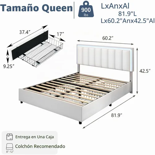 Vista 2 de Base de cama tamaño Queen con 4 cajones de almacenamiento, base de cama tapizada Queen con cabecero, luces LED RGB, base de metal resistente y Blanco