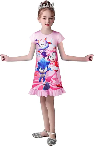 Vista 2 de Vestido de erizo para niñas, diseño gráfico de dibujos animados, videojuegos, película, personajes de verano, ropa para el hogar para 3-8 años