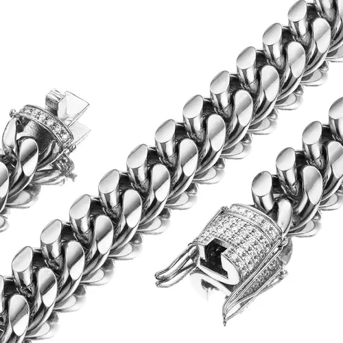 Vista 8 de Mens Miami Cuban Link Chain Whte-Tone 15mm Stainless Steel Curb Necklace Iced Cubia Zirconia Clasp A bit Low-key but classy HipHop Punk Rock