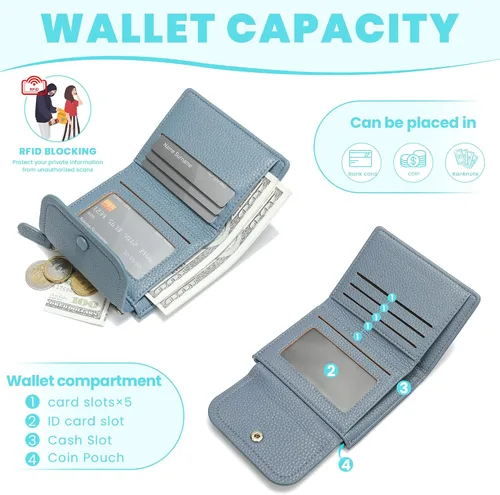 Vista 2 de Pequeña cartera linda para mujeres adolescentes y niñas con protección RFID, Azul, Minimalista