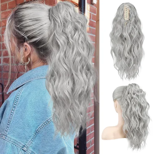Vista 27 de FLUFYMOOZ Extensión de cola de caballo, extensión de cola de caballo con clip de garra de 18 pulgadas, extensiones de cabello ondulado y rizado