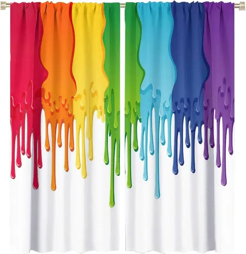 Vista 59 de Cortinas opacas abstractas de arco iris, pintura de color arcoíris con gotas, diseño gráfico creativo con bolsillo para barra, para sala de estar